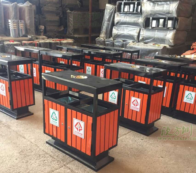 社區(qū)戶外鋼木分類(lèi)垃圾桶工廠批量生產(chǎn)圖